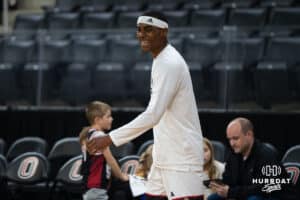 Omaha Maverick Khamani Cooper (25) smiles while warming up before a basketball game against Kansas City on Saturday, Jan 3, 2026, in Omaha, Nebraska. Photo by Brandon Tiedemann.