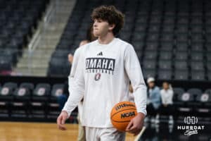 Omaha Maverick Brock Scholl (44) warms up before a basketball game against Kansas City on Saturday, Jan 3, 2026, in Omaha, Nebraska. Photo by Brandon Tiedemann.