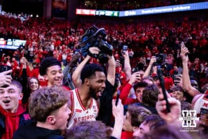 Nebraska Cornhuskers celebrate the win over the Michigan State Spartans during a college basketball game on Friday, Jan. 2, 2026, in Lincoln, Nebraska. Photo by John S. Peterson.