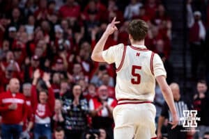 Nebraska Cornhusker forward Braden Frager (5) celebrates making a three-point shot against the Michigan State Spartans in the second half during a college basketball game on Friday, Jan. 2, 2026, in Lincoln, Nebraska. Photo by John S. Peterson.