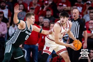 Nebraska Cornhusker forward Berke Buyuktuncel (9) works on drivnig to the basket against Michigan State Spartan forward Jaxon Kohler (0) in the second half during a college basketball game on Friday, Jan. 2, 2026, in Lincoln, Nebraska. Photo by John S. Peterson.
