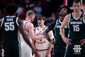 Nebraska Cornhusker forward Rienk Mast (51) talks to Braden Frager after getting a technical foul against the Michigan State Spartans in the second half during a college basketball game on Friday, Jan. 2, 2026, in Lincoln, Nebraska. Photo by John S. Peterson.