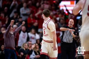 Nebraska Cornhusker forward Braden Frager (5) gets a techincal foul for celebration after making a three-point shot against the Michigan State Spartans in the second half during a college basketball game on Friday, Jan. 2, 2026, in Lincoln, Nebraska. Photo by John S. Peterson.