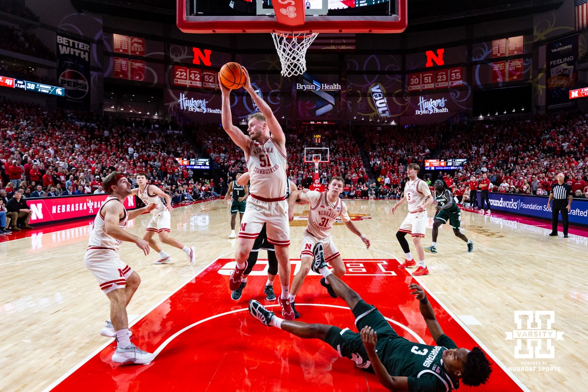Nebraska Cornhusker forward Rienk Mast (51) grabs the rebound against the Michigan State Spartans in the second half during a college basketball game on Friday, Jan. 2, 2026, in Lincoln, Nebraska. Photo by John S. Peterson.