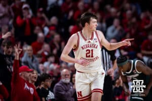 Nebraska Cornhusker forward Pryce Sandfort (21) gives a thank you point after making a three-point shot against the Michigan State Spartans in the second half during a college basketball game on Friday, Jan. 2, 2026, in Lincoln, Nebraska. Photo by John S. Peterson.