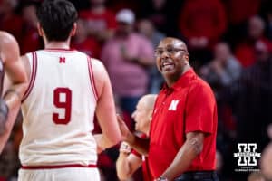 Nebraska Cornhuskers assistant coach Ernie Zeigler talks to Berke Buyuktuncel in the second half against the Michigan State Spartans during a college basketball game on Friday, Jan. 2, 2026, in Lincoln, Nebraska. Photo by John S. Peterson.