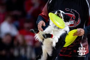 Disk Dogs perform at halftime during a college basketball game between the Nebraska Cornhuskers and the Michigan State Spartans on Friday, Jan. 2, 2026, in Lincoln, Nebraska. Photo by John S. Peterson.