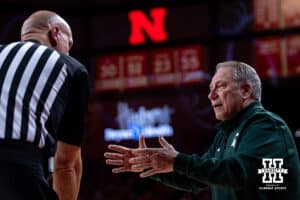Michigan State Spartan head coach Tom Izzo pleads his case to the referee against the Nebraska Cornhuskers during a college basketball game on Friday, Jan. 2, 2026, in Lincoln, Nebraska. Photo by John S. Peterson.