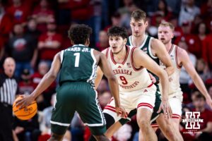 Nebraska Cornhusker forward Berke Buyuktuncel (9) guards Michigan State Spartan guard Jeremy Fears Jr. (1) in the first half during a college basketball game on Friday, Jan. 2, 2026, in Lincoln, Nebraska. Photo by John S. Peterson.