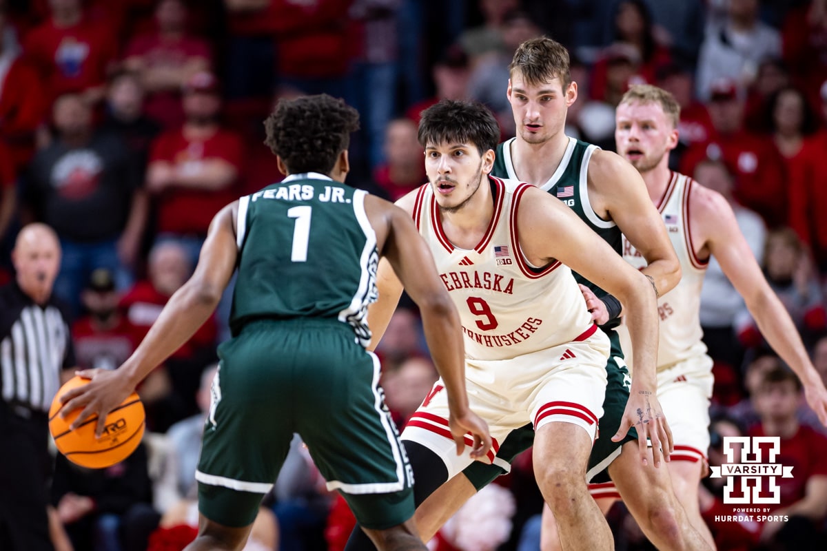 Nebraska Cornhusker forward Berke Buyuktuncel (9) guards Michigan State Spartan guard Jeremy Fears Jr. (1) in the first half during a college basketball game on Friday, Jan. 2, 2026, in Lincoln, Nebraska. Photo by John S. Peterson.