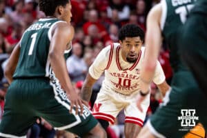Nebraska Cornhusker guard Jamarques Lawrence (10) dribbles the ball against the Michigan State Spartans during a college basketball game on Friday, Jan. 2, 2026, in Lincoln, Nebraska. Photo by John S. Peterson.