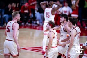 Nebraska Cornhuskers react to Rienk Mast three-point shot against the Michigan State Spartans in the first half during a college basketball game on Friday, Jan. 2, 2026, in Lincoln, Nebraska. Photo by John S. Peterson.