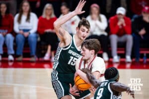 Nebraska Cornhusker forward Braden Frager (5) drives to the basket against the Michigan State Spartans during a college basketball game on Friday, Jan. 2, 2026, in Lincoln, Nebraska. Photo by John S. Peterson.