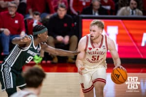 Nebraska Cornhusker forward Rienk Mast (51) dribbles the ball against Michigan State Spartan guard Trey Fort (9) in the first half during a college basketball game on Friday, Jan. 2, 2026, in Lincoln, Nebraska. Photo by John S. Peterson.