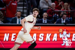 Nebraska Cornhusker forward Braden Frager (5) runs down the court after making a three-point shot against the Michigan State Spartans in the first half during a college basketball game on Friday, Jan. 2, 2026, in Lincoln, Nebraska. Photo by John S. Peterson.