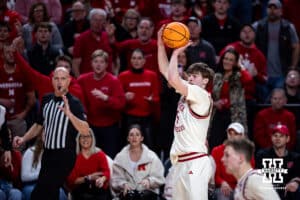 Nebraska Cornhusker forward Braden Frager (5) makes a three-point shot against the Michigan State Spartans in the first half during a college basketball game on Friday, Jan. 2, 2026, in Lincoln, Nebraska. Photo by John S. Peterson.
