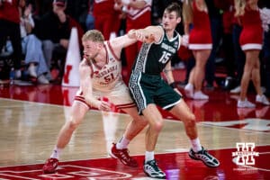Nebraska Cornhusker forward Rienk Mast (51) guards Michigan State Spartan center Carson Cooper (15) in the first half during a college basketball game on Friday, Jan. 2, 2026, in Lincoln, Nebraska. Photo by John S. Peterson.