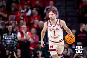 Nebraska Cornhusker guard Sam Hoiberg (1) dribbles the ball down the court against the Michigan State Spartans in the first half during a college basketball game on Friday, Jan. 2, 2026, in Lincoln, Nebraska. Photo by John S. Peterson.