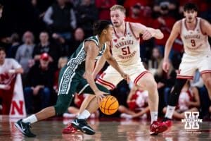 Nebraska Cornhusker forward Rienk Mast (51) guards Michigan State Spartan forward Jordan Scott (6) in the first half during a college basketball game on Friday, Jan. 2, 2026, in Lincoln, Nebraska. Photo by John S. Peterson.
