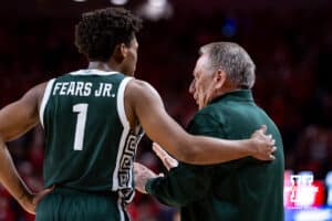 Nebraska Cornhusker head coach Fred Hoiberg talks to Jeremy Fears Jr. against the Nebraska Cornhuskers in the first half during a college basketball game on Friday, Jan. 2, 2026, in Lincoln, Nebraska. Photo by John S. Peterson.