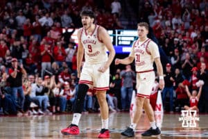 Nebraska Cornhusker forward Berke Buyuktuncel (9) celebrates against the Michigan State Spartans in the first half during a college basketball game on Friday, Jan. 2, 2026, in Lincoln, Nebraska. Photo by John S. Peterson.