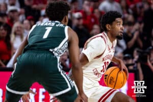 Nebraska Cornhusker guard Jamarques Lawrence (10) dribbles the ball against Michigan State Spartan guard Jeremy Fears Jr. (1) in the first half during a college basketball game on Friday, Jan. 2, 2026, in Lincoln, Nebraska. Photo by John S. Peterson.