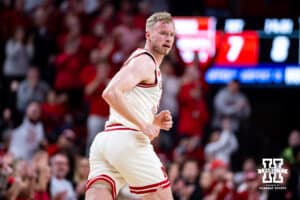 Nebraska Cornhusker forward Rienk Mast (51) runs back down the court after making a three-point shot against the Michigan State Spartans in the first half during a college basketball game on Friday, Jan. 2, 2026, in Lincoln, Nebraska. Photo by John S. Peterson.