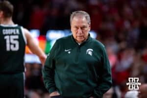 Michigan State Spartan head coach Tom Izzo walks in front of the bench against the Nebraska Cornhuskers during a college basketball game on Friday, Jan. 2, 2026, in Lincoln, Nebraska. Photo by John S. Peterson.