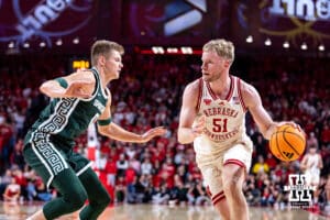 Nebraska Cornhusker forward Rienk Mast (51) dribbles the ball against Michigan State Spartan forward Jaxon Kohler (0) in the first half during a college basketball game on Friday, Jan. 2, 2026, in Lincoln, Nebraska. Photo by John S. Peterson.