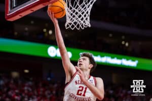 Nebraska Cornhusker forward Pryce Sandfort (21) makes a lay up against the Michigan State Spartans in the first half during a college basketball game on Friday, Jan. 2, 2026, in Lincoln, Nebraska. Photo by John S. Peterson.