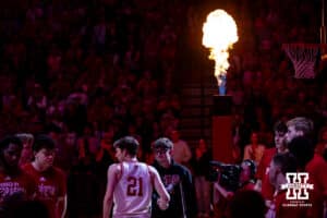 Nebraska Cornhusker forward Pryce Sandfort (21) walks out for introductions against the Michigan State Spartans during a college basketball game on Friday, Jan. 2, 2026, in Lincoln, Nebraska. Photo by John S. Peterson.