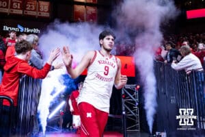 Nebraska Cornhusker forward Berke Buyuktuncel (9) runs out to the court to take on the Michigan State Spartans during a college basketball game on Friday, Jan. 2, 2026, in Lincoln, Nebraska. Photo by John S. Peterson.