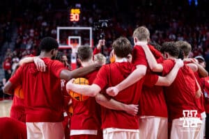 Nebraska Cornhuskers huddle up before taking on the Michigan State Spartans during a college basketball game on Friday, Jan. 2, 2026, in Lincoln, Nebraska. Photo by John S. Peterson.