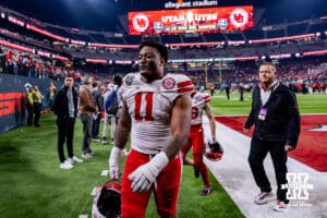 Nebraska Cornhusker defensive lineman Cameron Lenhardt (11) heads to the locker room after the loss to the Utah Utes during the Las Vegas Bowl game on Wednesday, Dec. 31, 2025, in Las Vegas, NV. Photo by John S. Peterson.
