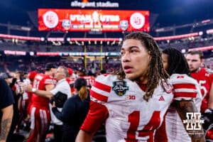 Nebraska Cornhusker quarterback TJ Lateef (14) shaking hands with the Utah Utes players during the Las Vegas Bowl game on Wednesday, Dec. 31, 2025, in Las Vegas, NV. Photo by John S. Peterson.