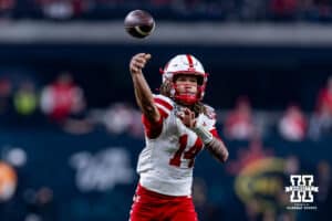 Nebraska Cornhusker quarterback TJ Lateef (14) throws a pass against the Utah Utes during the Las Vegas Bowl game on Wednesday, Dec. 31, 2025, in Las Vegas, NV. Photo by John S. Peterson.