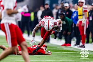 Nebraska Cornhusker running back Mekhi Nelson (35) runs with the ball, getting tripped up against the Utah Utes during the Las Vegas Bowl game on Wednesday, Dec. 31, 2025, in Las Vegas, NV. Photo by John S. Peterson.