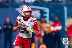 Nebraska Cornhusker quarterback TJ Lateef (14) drops back to pass against the Utah Utes during the Las Vegas Bowl game on Wednesday, Dec. 31, 2025, in Las Vegas, NV. Photo by John S. Peterson.