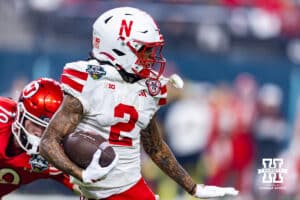 Nebraska Cornhusker wide receiver Jacory Barney Jr. (2) running with the ball after a catch against the Utah Utes during the Las Vegas Bowl game on Wednesday, Dec. 31, 2025, in Las Vegas, NV. Photo by John S. Peterson.