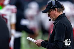 Nebraska Cornhuskers offensive coordinator Dana Holgorsen refering to his notes against the Utah Utes during the Las Vegas Bowl game on Wednesday, Dec. 31, 2025, in Las Vegas, NV. Photo by John S. Peterson.