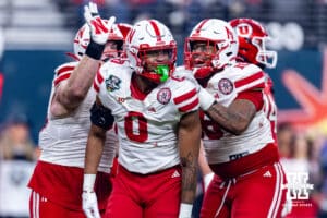 Nebraska Cornhusker linebacker Javin Wright (0) celebrates a tackle against the Utah Utes in the third quarter during the Las Vegas Bowl game on Wednesday, Dec. 31, 2025, in Las Vegas, NV. Photo by John S. Peterson.