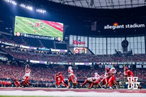 Nebraska Cornhusker quarterback TJ Lateef (14) makes a pass to tight end Luke Lindenmeyer (44) against the Utah Utes in the third quarter during the Las Vegas Bowl game on Wednesday, Dec. 31, 2025, in Las Vegas, NV. Photo by John S. Peterson.