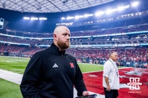 Nebraska Cornhuskers new coach Rob Aurich heads to the locker room at halftime against the Utah Utes during the Las Vegas Bowl game on Wednesday, Dec. 31, 2025, in Las Vegas, NV. Photo by John S. Peterson.