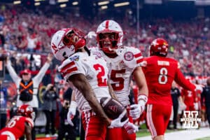 Nebraska Cornhusker wide receiver Jacory Barney Jr. (2) celebrates his touchdown against the Utah Utes in the first quarter during the Las Vegas Bowl game on Wednesday, Dec. 31, 2025, in Las Vegas, NV. Photo by John S. Peterson.