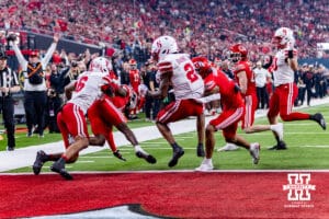 Nebraska Cornhusker wide receiver Jacory Barney Jr. (2) runs in for a touchdown against the Utah Utes in the first quarter during the Las Vegas Bowl game on Wednesday, Dec. 31, 2025, in Las Vegas, NV. Photo by John S. Peterson.