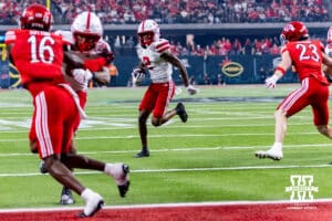 Nebraska Cornhusker wide receiver Jacory Barney Jr. (2) runs with the ball for a touchdown against the Utah Utes in the first quarter during the Las Vegas Bowl game on Wednesday, Dec. 31, 2025, in Las Vegas, NV. Photo by John S. Peterson.