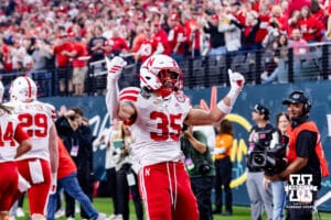 Nebraska Cornhusker running back Mekhi Nelson (35) celebrates scoreing a touchdown against the Utah Utes in the first quarter during the Las Vegas Bowl game on Wednesday, Dec. 31, 2025, in Las Vegas, NV. Photo by John S. Peterson.