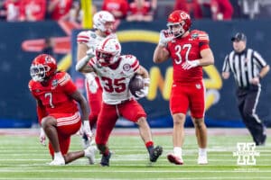 Nebraska Cornhusker running back Mekhi Nelson (35) celebrates his run against the Utah Utes in the first quarter during the Las Vegas Bowl game on Wednesday, Dec. 31, 2025, in Las Vegas, NV. Photo by John S. Peterson.