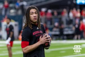 Nebraska Cornhusker quarterback TJ Lateef (14) warms up for the Utah Utes during the Las Vegas Bowl game on Wednesday, Dec. 31, 2025, in Las Vegas, NV. Photo by John S. Peterson.