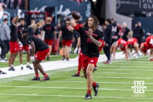 Nebraska Cornhusker quarterback TJ Lateef (14) throws a pass warming up for the Utah Utes during the Las Vegas Bowl game on Wednesday, Dec. 31, 2025, in Las Vegas, NV. Photo by John S. Peterson.